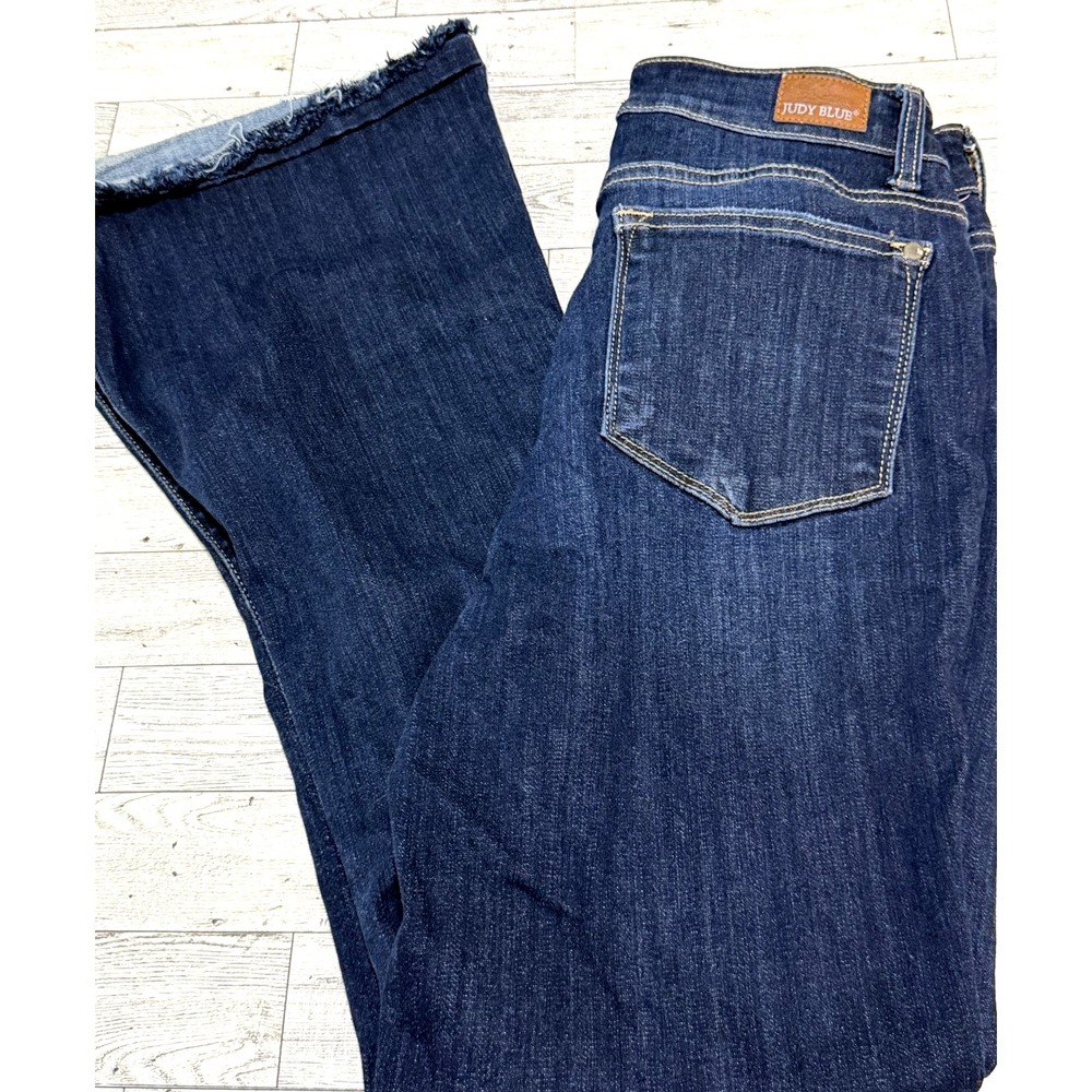 Judy Blue Jeans Womens 7/28 Flare Leg Mid Rise Dark Wash Raw Hem Bell Bottoms
